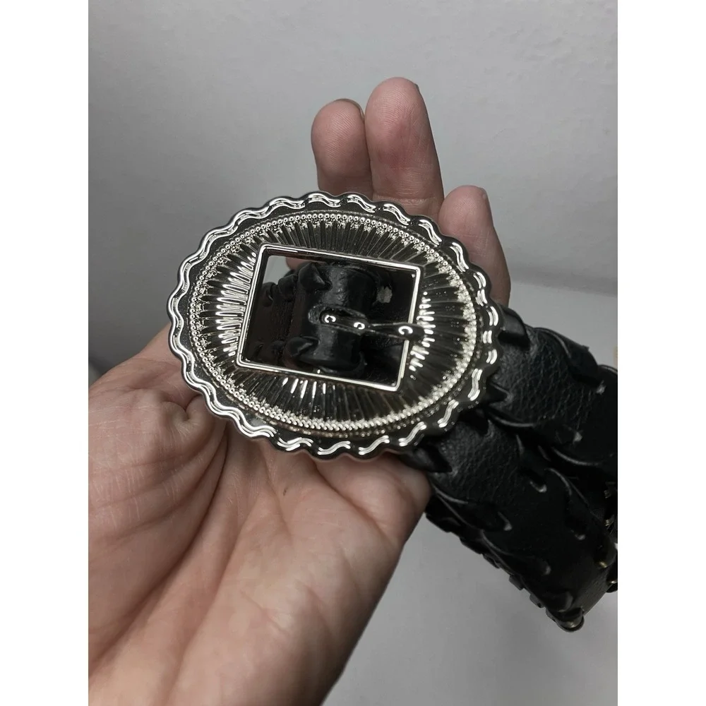 Black Braided Leather Woven Belt Concho Buckle Adjustable XL Elevated Western